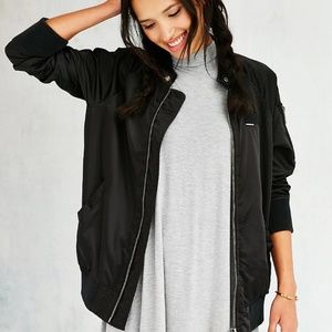 UO Members Only Black Satin Bomber Jacket